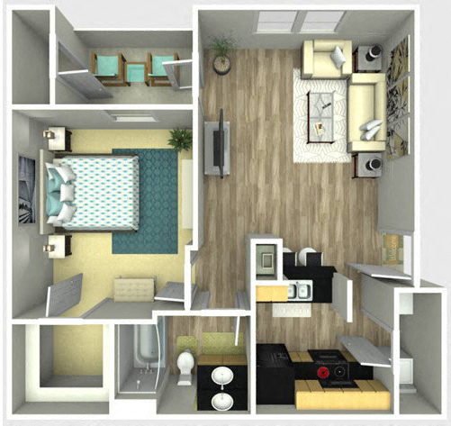 Floor plan for 1 bed, 1 bath, 664 sqft